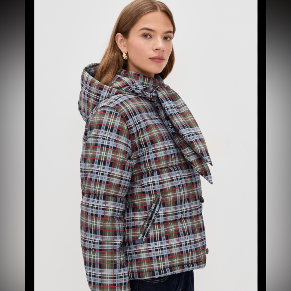 Plaid Puffer Bomber Jacket with Scarf Hood - Brown/Gray